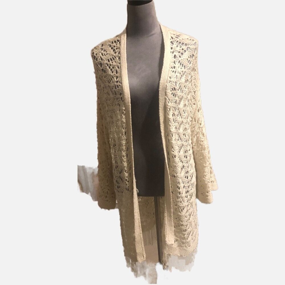 Curation Women Beige Open Front Long Sleeve Fringe Hem Cardigan Size XL New.